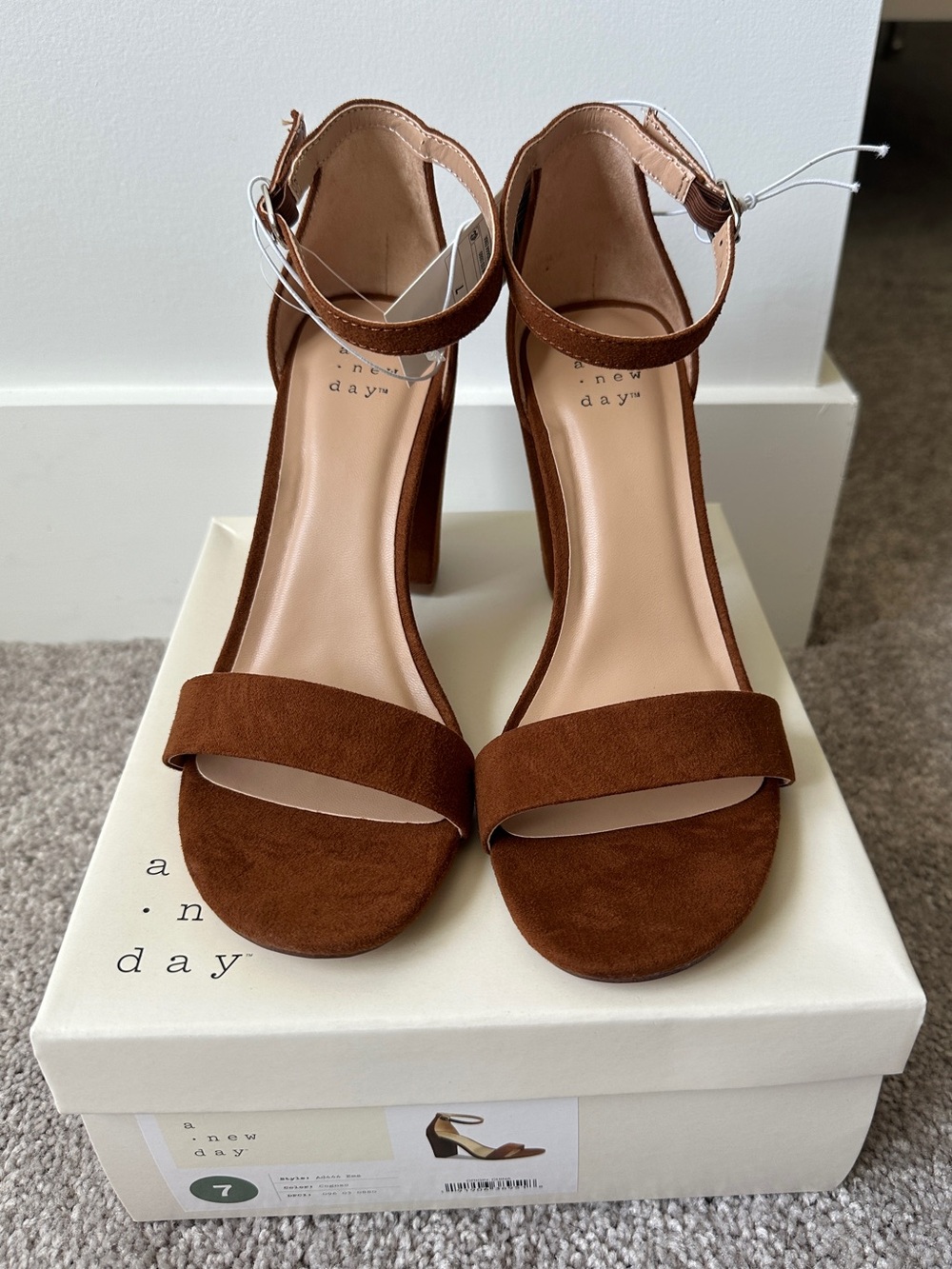 a new day Brown Cognac Faux Suede Ankle-Strap Block Heel Sandals - Size 7